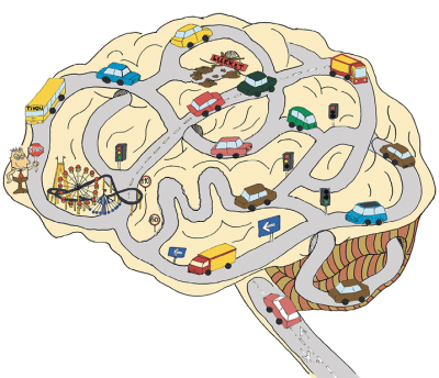 Illustration af hjerne og bybusser i morgentrafikken
