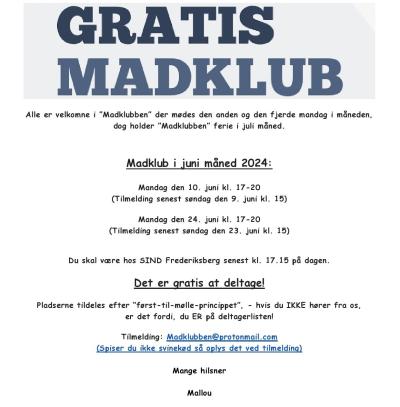 Invitation til gratis madklub hos SIND Frederiksberg